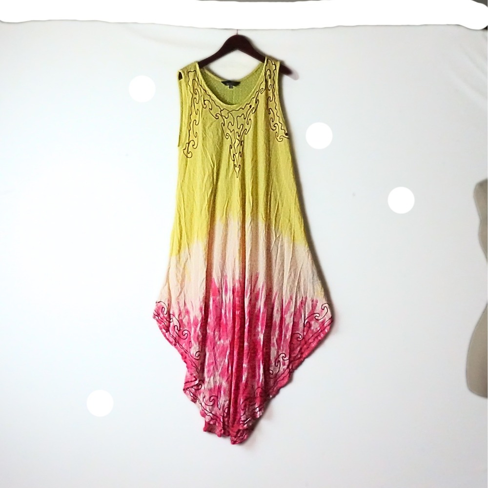 Riviera Sun Womens Yellow Pink Tie Dye Embroidered Sharkbite Dress Plus Boho